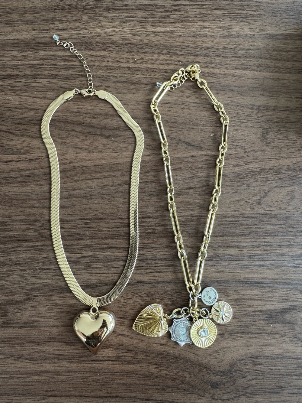 Gold Puffy Heart Pendant Necklace and Mixed Metal Charm Necklace